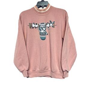 VTG Morning Sun Cat in a Mitten Birds on Clothesline Pink Medium USA Grandmacore